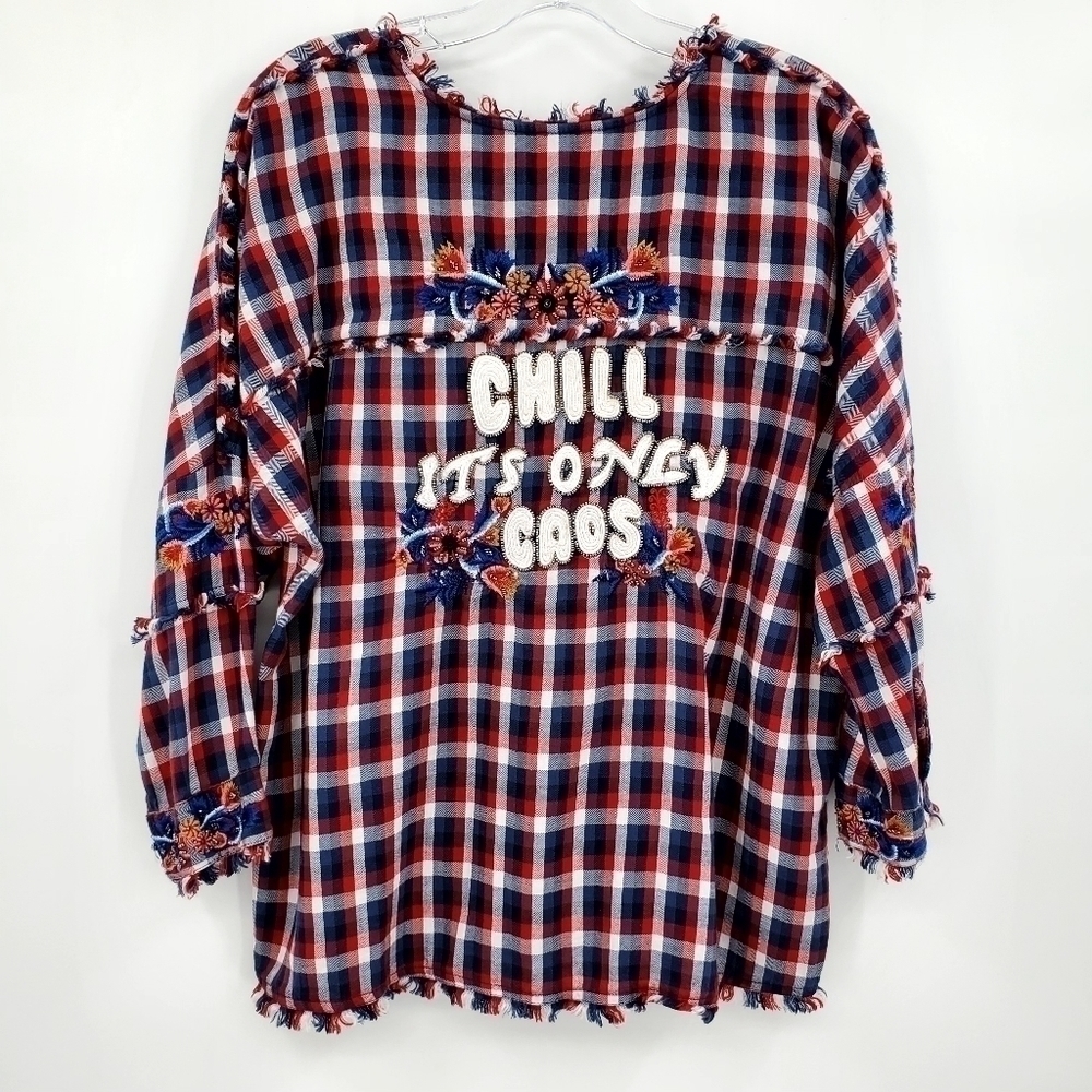 Zara Chill It’s Only Caos Plaid Fringe Tassel Button Down